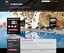 Luxury hotel website homepage for W Hong Kong featuring a serene rooftop pool and booking promotions